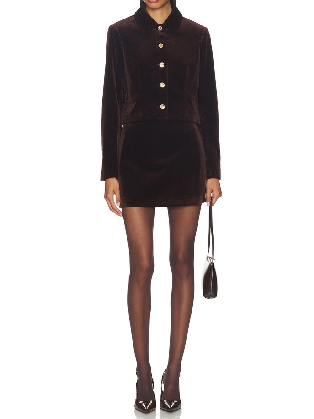 Astr Velvet Mini Skirt and Jacket Set in Dark Brown